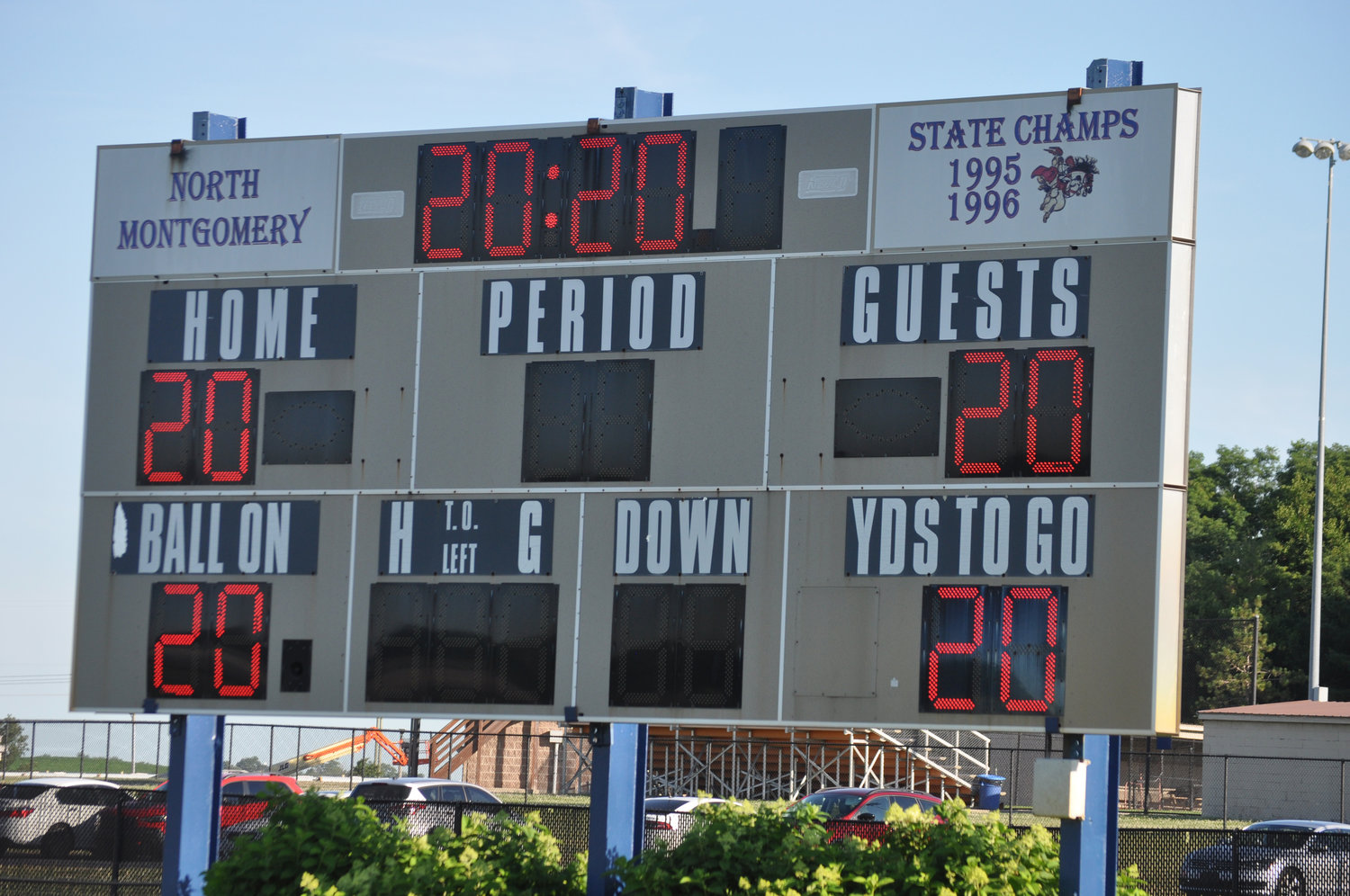 The scoreboard pays tribute to the North Montgomery High School class of 2020 Saturday before the graduation ceremony at Charger Field. A total of 132 seniors accepted diplomas in the ceremony.